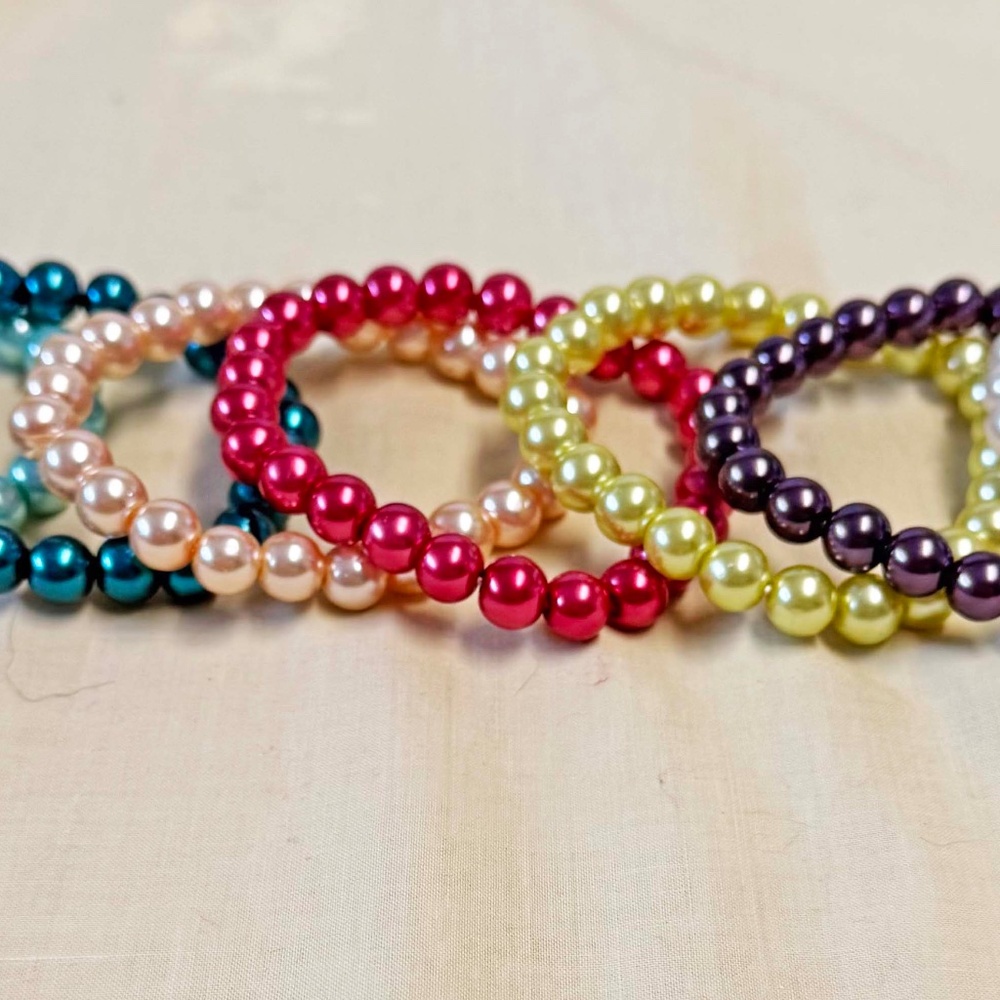 7 BRACELETS, FAUX PEARL, ELASTIC, PASTEL COLOURS, TEAL, LIGHT BLUE, CREAM, PINK,